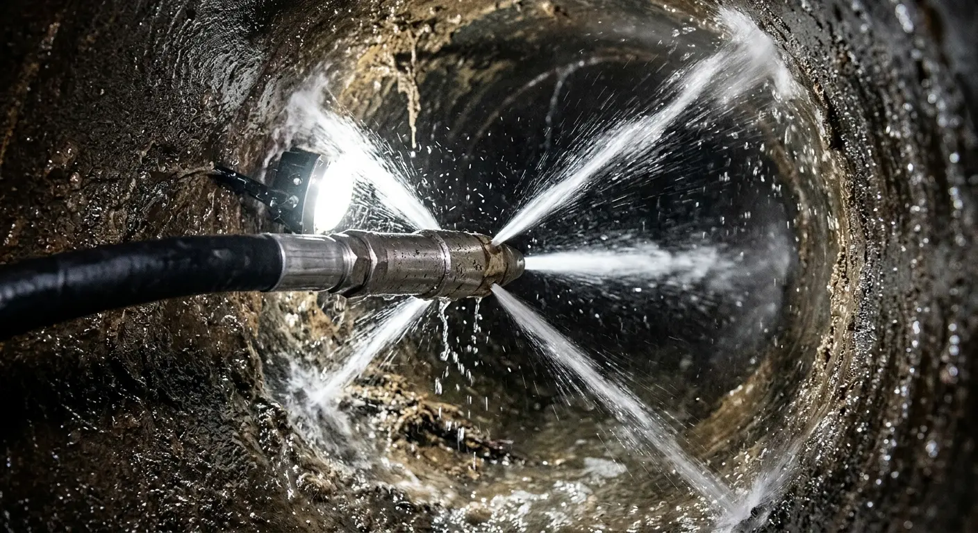 High-pressure hydro jetting nozzle cleaning sewer pipe for Trenchless Sewer Repair in Pennsauken
