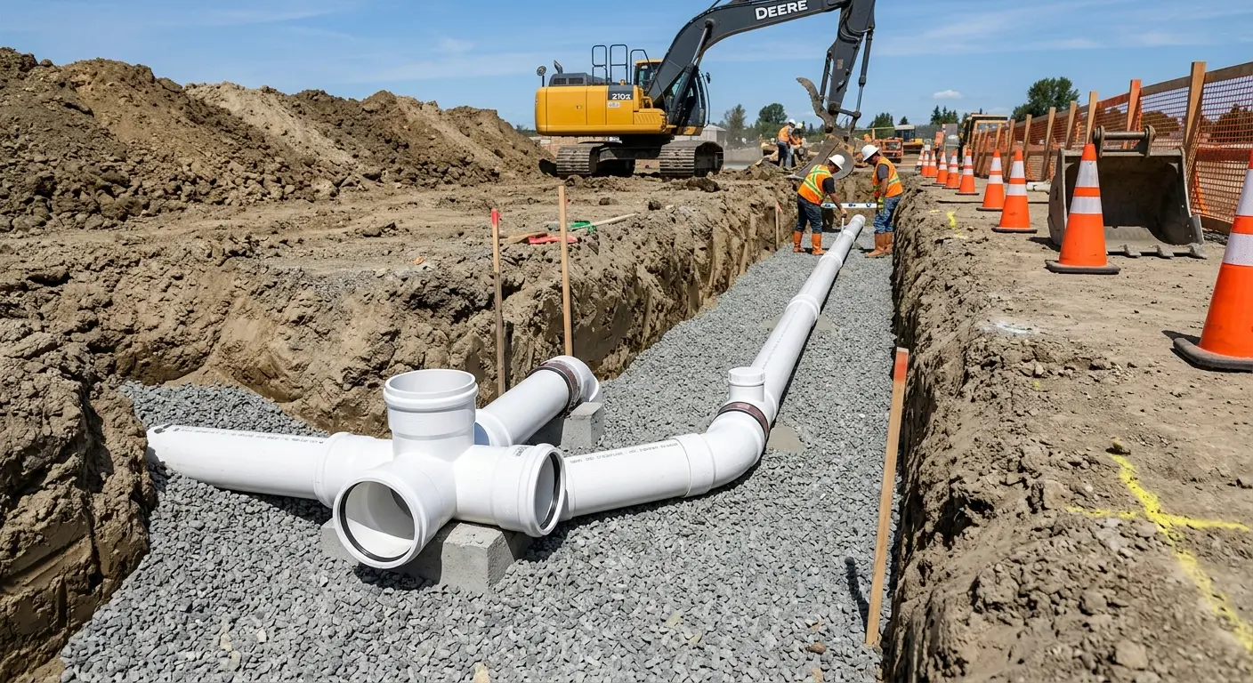 New PVC sewer pipe installation in open trench for Commercial Drain Cleaning in Pennsauken