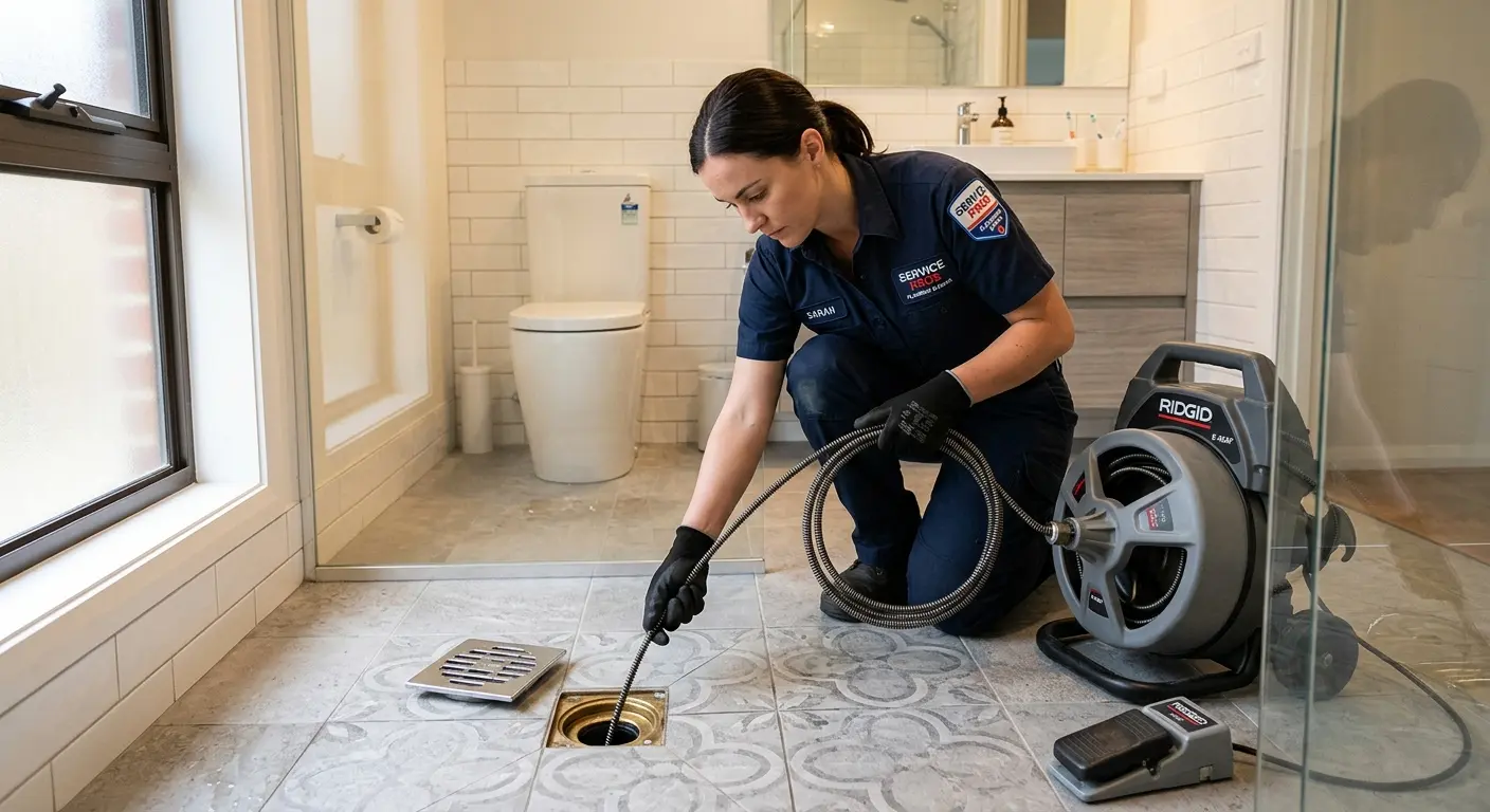 Technician clearing a bathroom floor drain for Sewer Line Replacement in Pennsauken